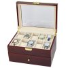 Dark Brown Wood Finish Watch Case Display 2 Layer Storage