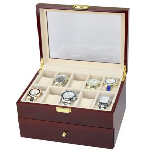 Dark Brown Wood Finish Watch Case Display 2 Layer Storage