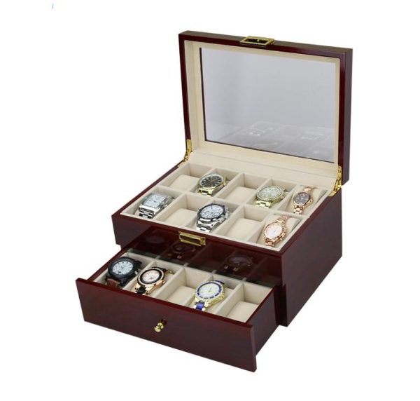 Dark Brown Wood Finish Watch Case Display 2 Layer Storage - Image 2