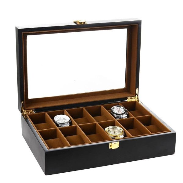 Black Wooden Watch Box Jewelry and Watch Organizer 10 Grids - Image 3