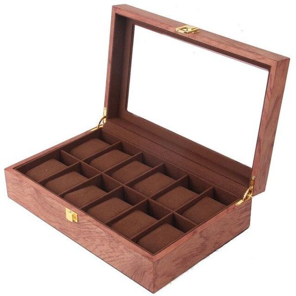 Brown Luxury 12 Grids Solid Wood Watch Storage Box - Image 4