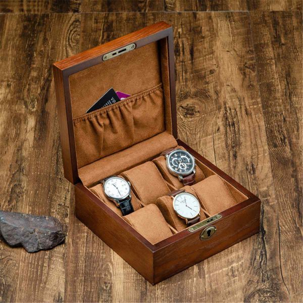 Brown Retro Wooden Watch and Jewelry Storage Box with Key - Image 3