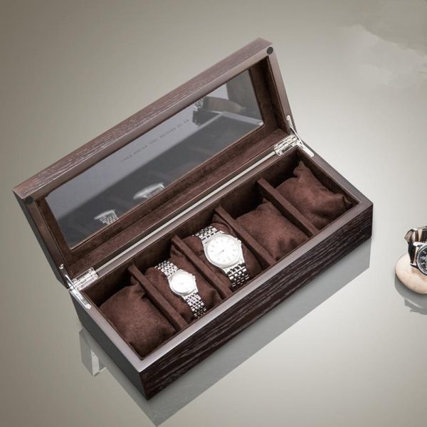 5 Slot Antique Brown Wood Watch and Jewelry Storage Box with Window - Image 4