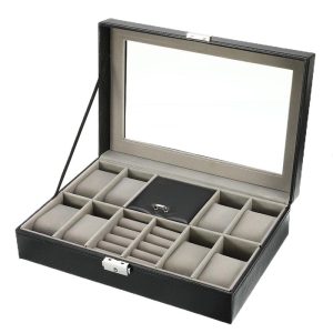 Black Leather Watch and Jewelry Multi Functional Storage Box