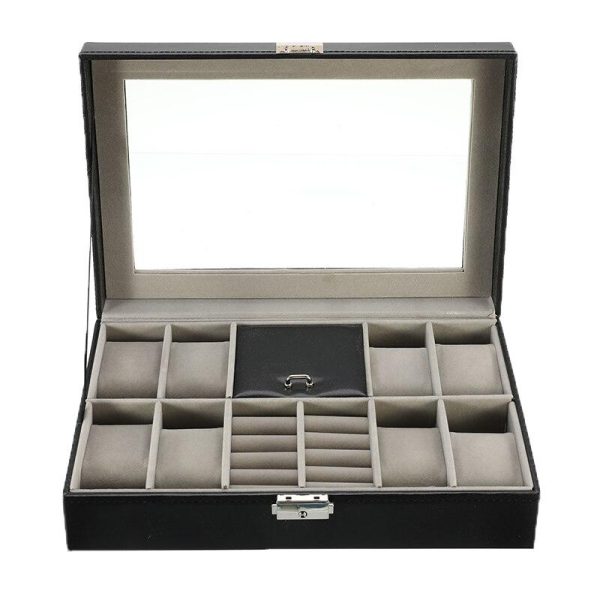 Black Leather Watch and Jewelry Multi Functional Storage Box - Image 3