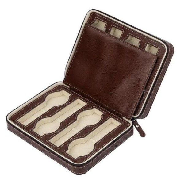 Brown Leather Watch Zippered Box Storage - Image 2