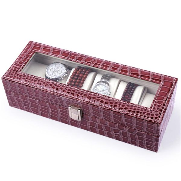 Burgundy Striped Leather Watch and Jewelry Display Storage Box - Image 3