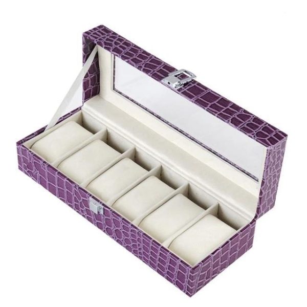 Burgundy Striped Leather Watch and Jewelry Display Storage Box - Image 4
