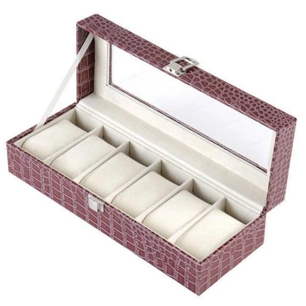 Burgundy Striped Leather Watch and Jewelry Display Storage Box - Image 7
