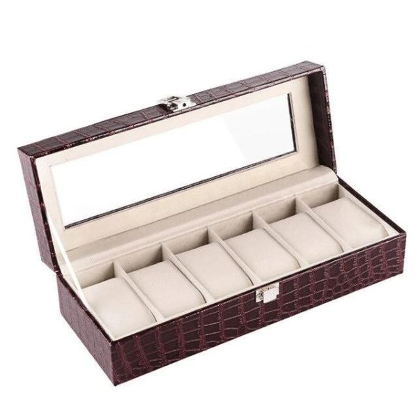 Burgundy Striped Leather Watch and Jewelry Display Storage Box - Image 6