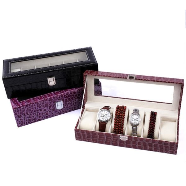 Burgundy Striped Leather Watch and Jewelry Display Storage Box - Image 2