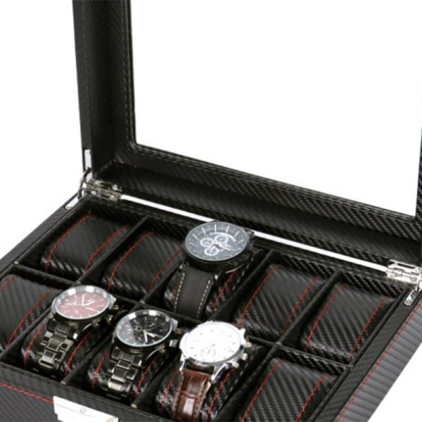 Black Leather 10 Grids Wristwatch Storage Box for Men - Image 4