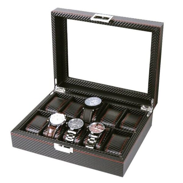 Black Leather 10 Grids Wristwatch Storage Box for Men - Image 2