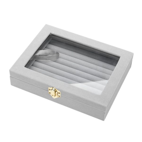 Gray Velvet Jewelry Storage Box with Glass Display - Image 7