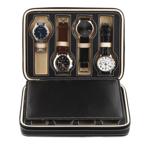 Black Leather Watch and Jewelry Zippered Display Storage Box - Image 4