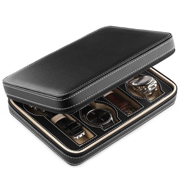 Black Leather Watch and Jewelry Zippered Display Storage Box - Image 2