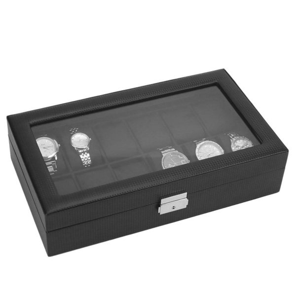 Black Carbon Fiber Watch and Jewelry Storage Box Organizer - Image 2