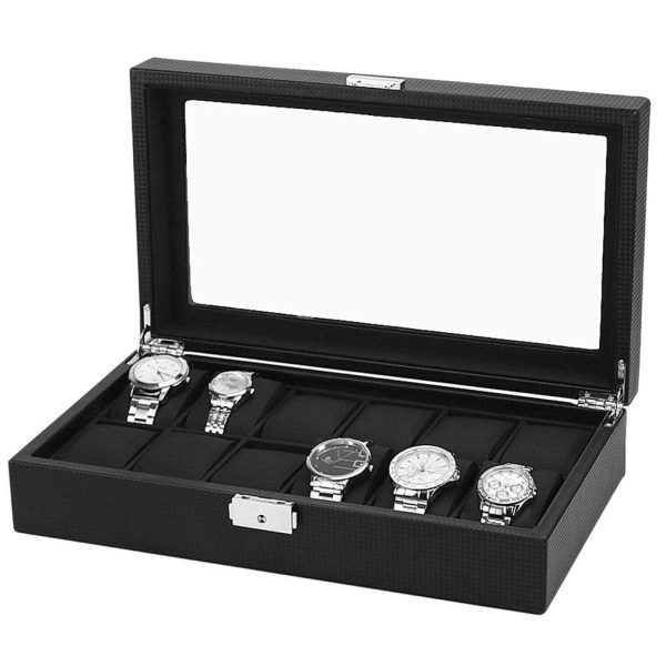 Black Carbon Fiber Watch and Jewelry Storage Box Organizer - Image 3