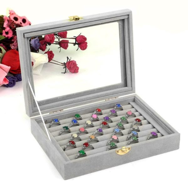 Gray Velvet Jewelry Storage Box with Glass Display - Image 4